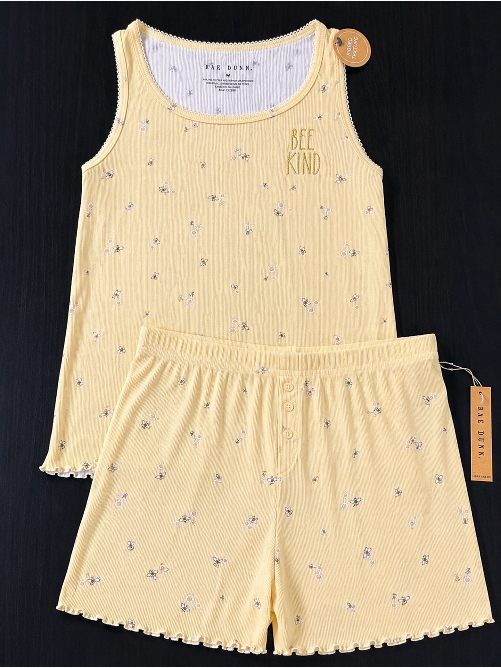 NEW Rae Dunn Yellow Bee Print Tank & Shorts Pajama Set Bee Kind NWT Dainty